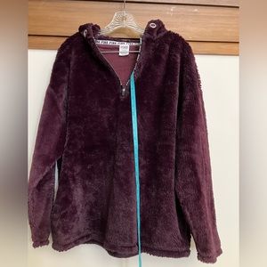 Plush PINK Sherpa, hooded, pockets, missing drawstring, dark red, Medium